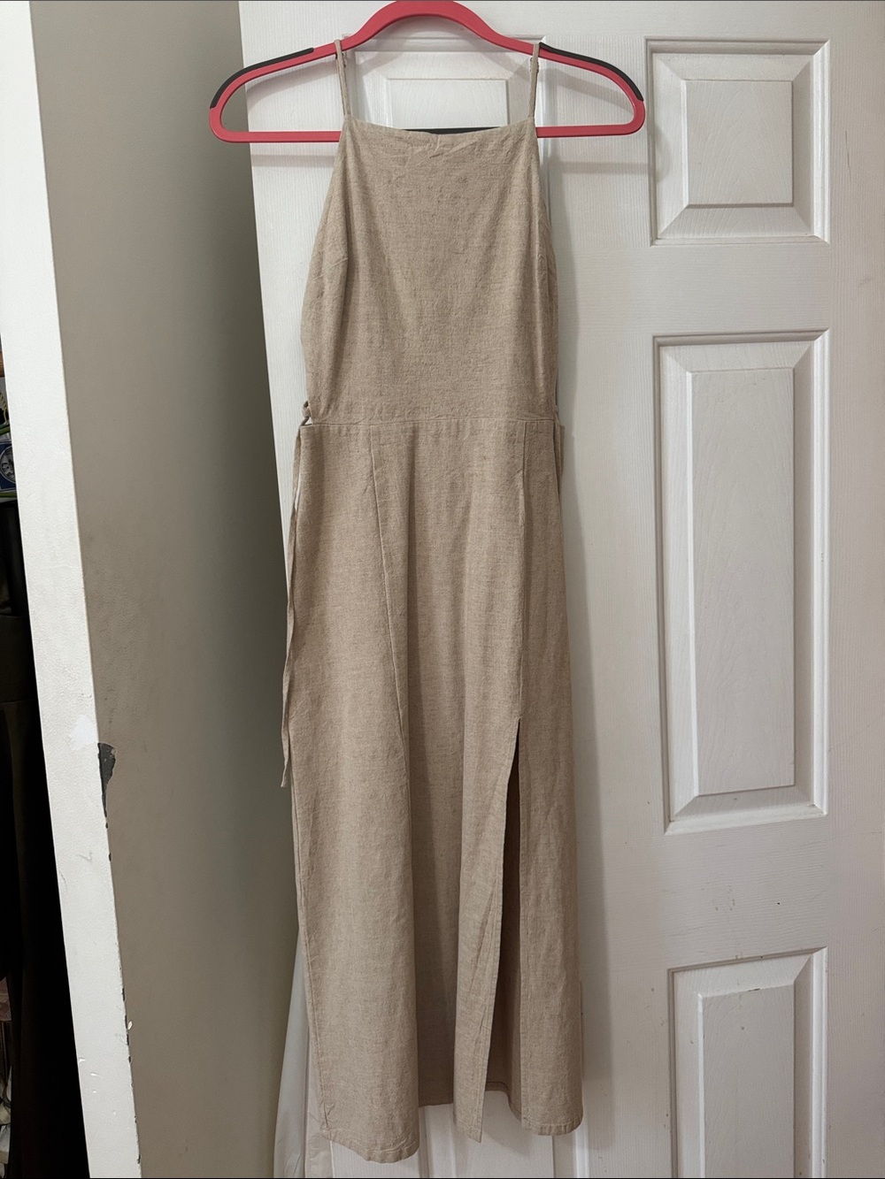 Urban Outfitters Neutral Beige Lace-Up Halter Midi Dress